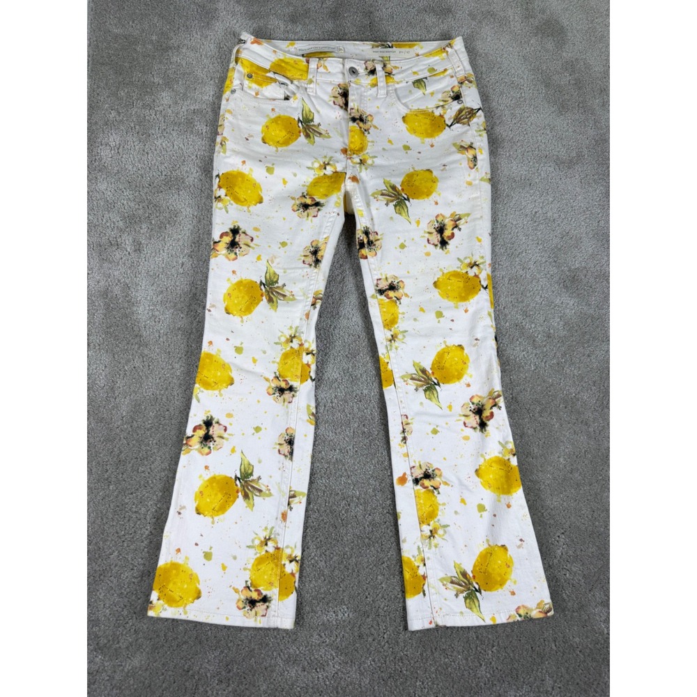 Pilcro Anthropologie High Rise Bootcut Jeans Lemon Print White Yellow Size 27